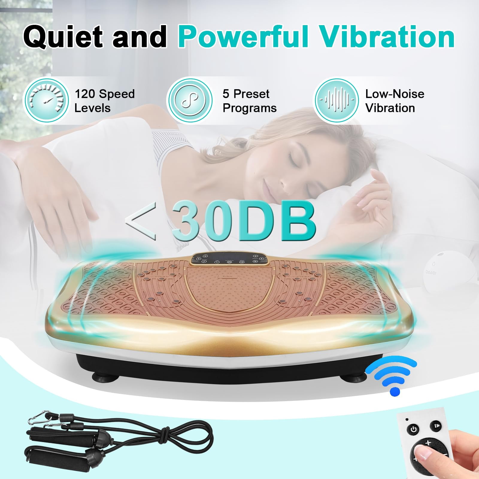 PRIJESSE Vibration Plate Exercise Machine - Whole Body Workout Vibration Fitness Platform w/ Resistance Bands - Home Training Equipment for Weight Loss & Toning，120 Levels，Gold