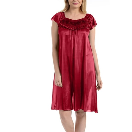 Blue Nightdress - Ezi Women's Satin Silk Ruffle Nightgown