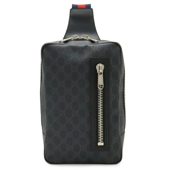 Pre-Owned GUCCI GG Supreme Web Stripe Sling Bag Shoulder Leather Black/Gray 478325