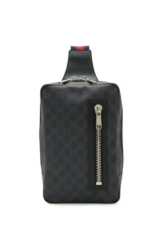 Pre-Owned GUCCI GG Supreme Web Stripe Sling Bag Shoulder Leather Black/Gray 478325