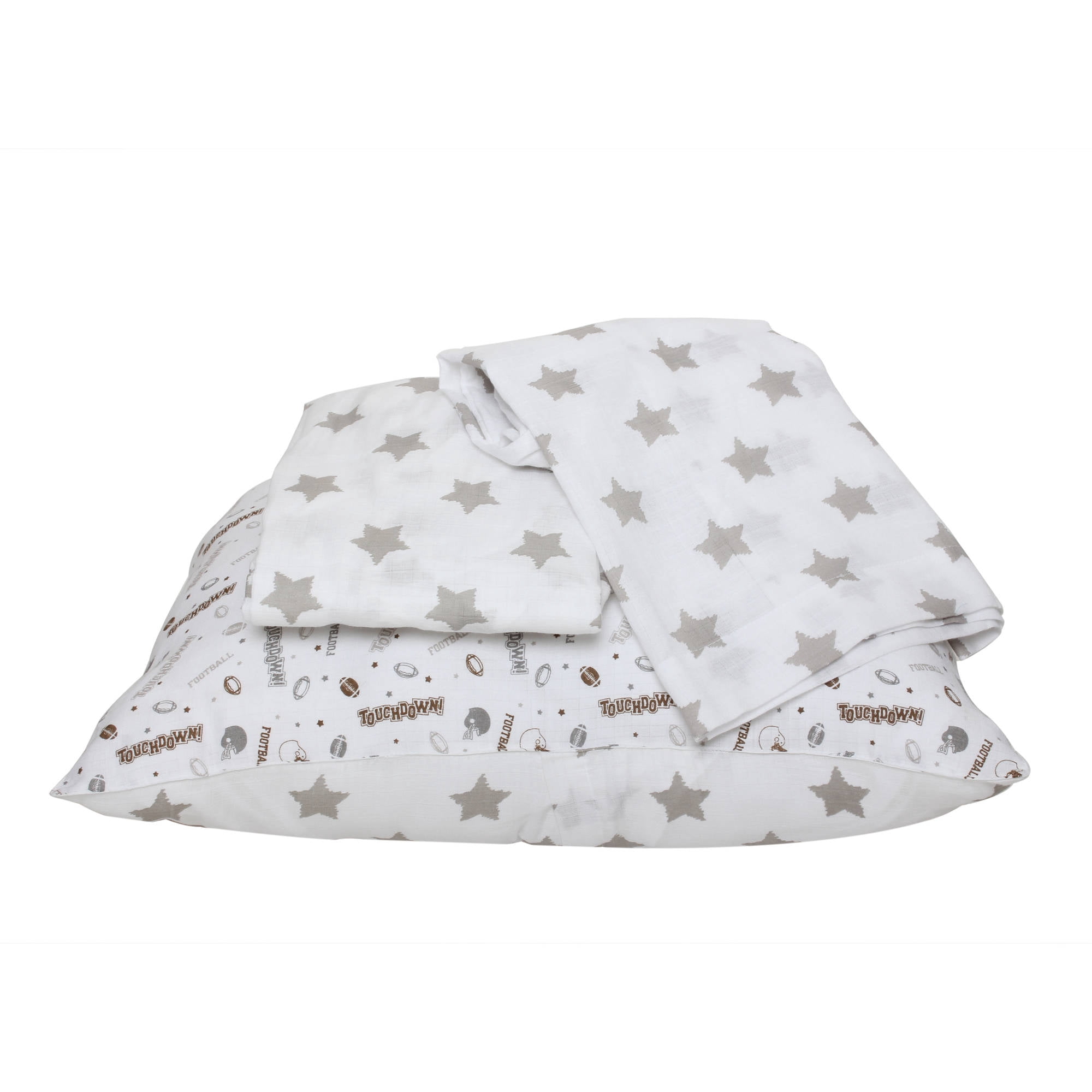 Bacati - Sports 100% Cotton breathable Muslin 3-Piece Toddler Bedding Sheet Set, Football Brown/Grey