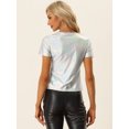 thumbnail image 3 of Camiseta de Color Metálico para Mujer con Cuello en V Party Clubwear Shiny Top Plata M, 3 of 5
