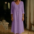 thumbnail image 4 of Ohufall Women Dresses Cotton Linen Button Crew Neck Long Sleeve Dress Pleated Loose Comfort Casual Maxi Dress, 4 of 6