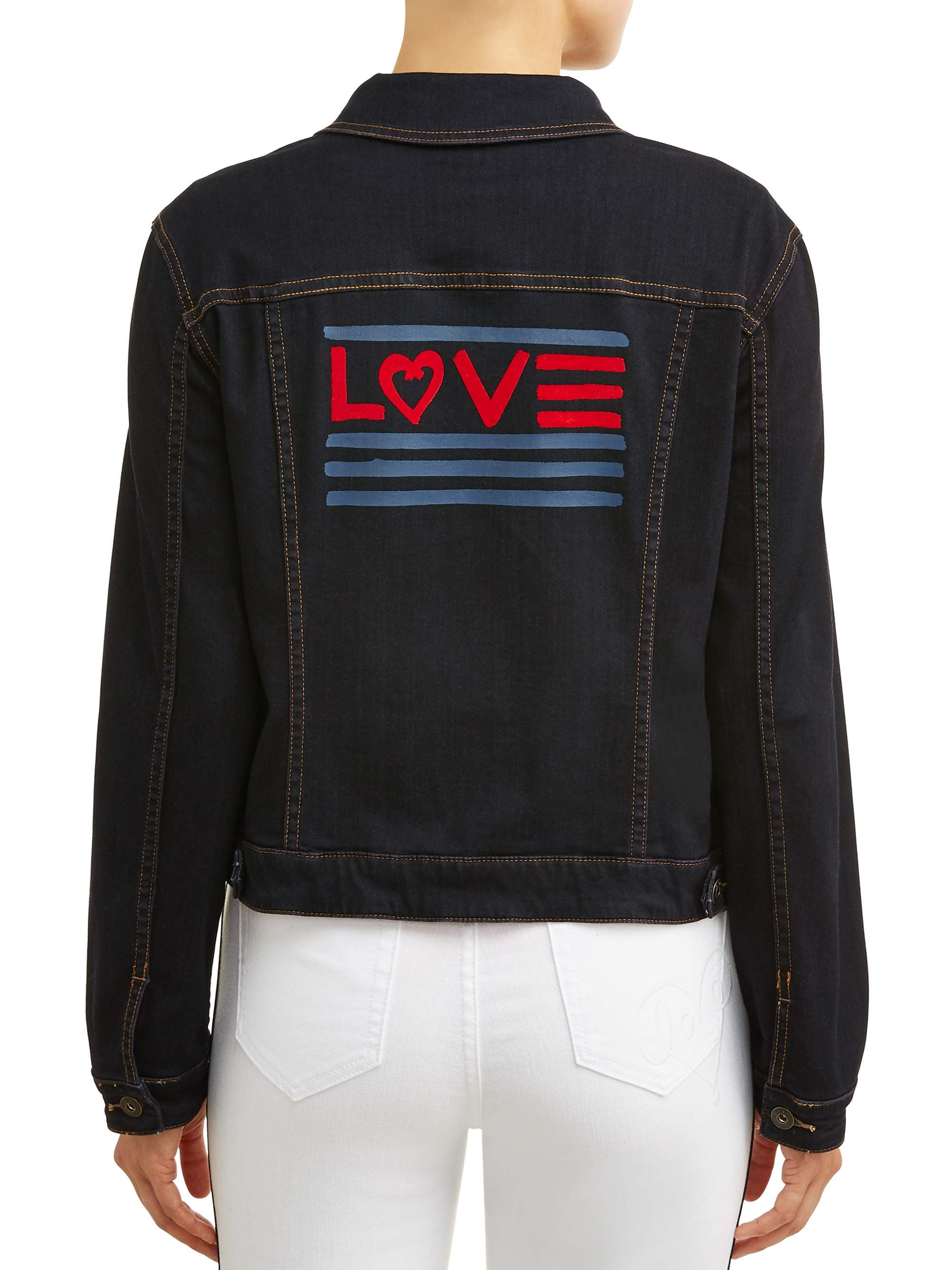 Dark Wash Denim Jacket with Love Flag 