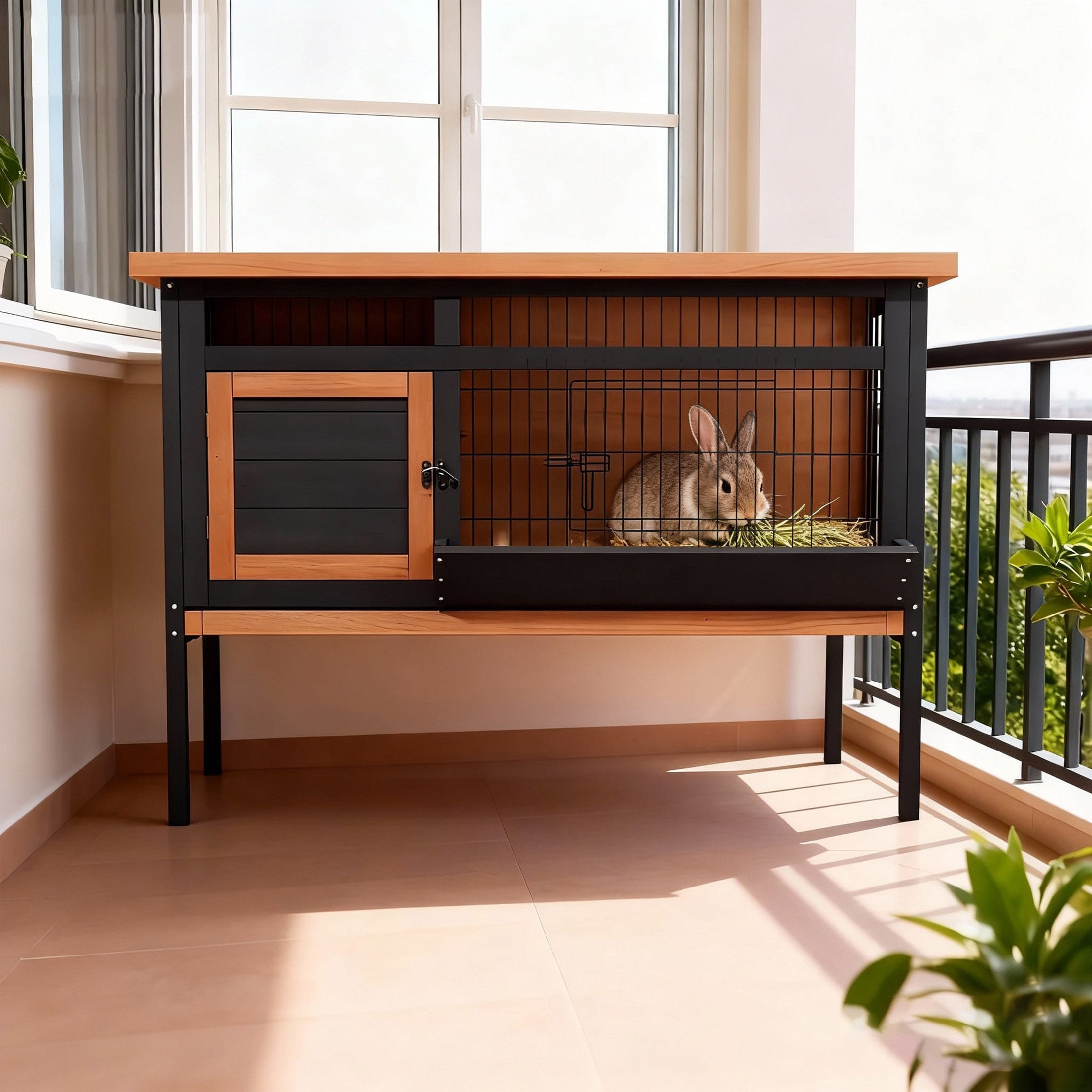 Weatherproof Elevated Rabbit Hutch with Metal Mesh Base, Removable Trays, Openable Roof & Feeding Trough, Orange & Black