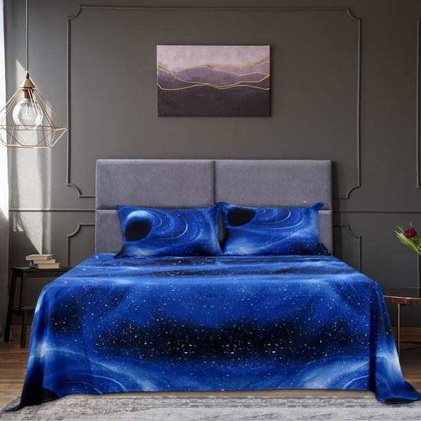 4pcs Galaxy Bed Sheet Set Bedding Set Soft with Pillow Cases Blue Queen