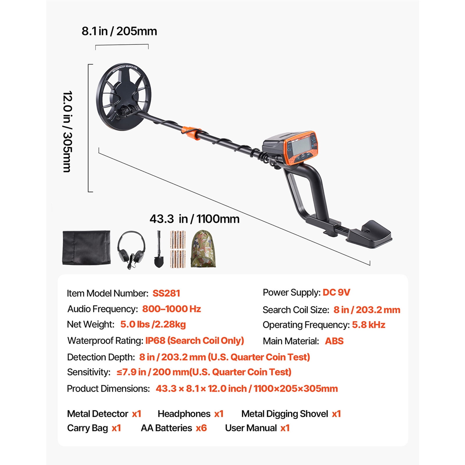 KFFKFF Metal Detector for Adults, 8" High-Precision Gold Finder, Waterproof Search Coil with Display, Headphones, 3 Modes, Adjustable Length, Ideal for Gold and Treasure Hunting