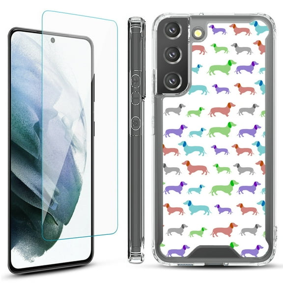Shockproof Bumper Phone Case for Samsung Galaxy S22  / S22 Plus 5G, with Tempered Glass Screen Protector, by OneToughShield ® - Colorful Dachshund/Puppy