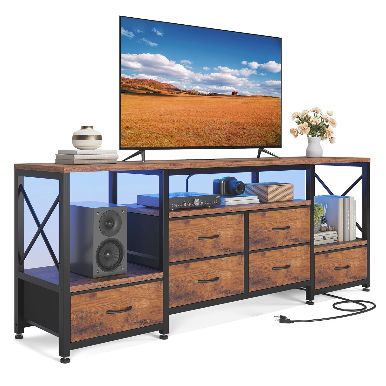 63" TV Stand for 75 Inch TV, Entertainment Center with LED Light & Power Outlets, TV Console Table with 6 Fabric Drawers & Shelves for Living Room Bedroom, Rustic Brown