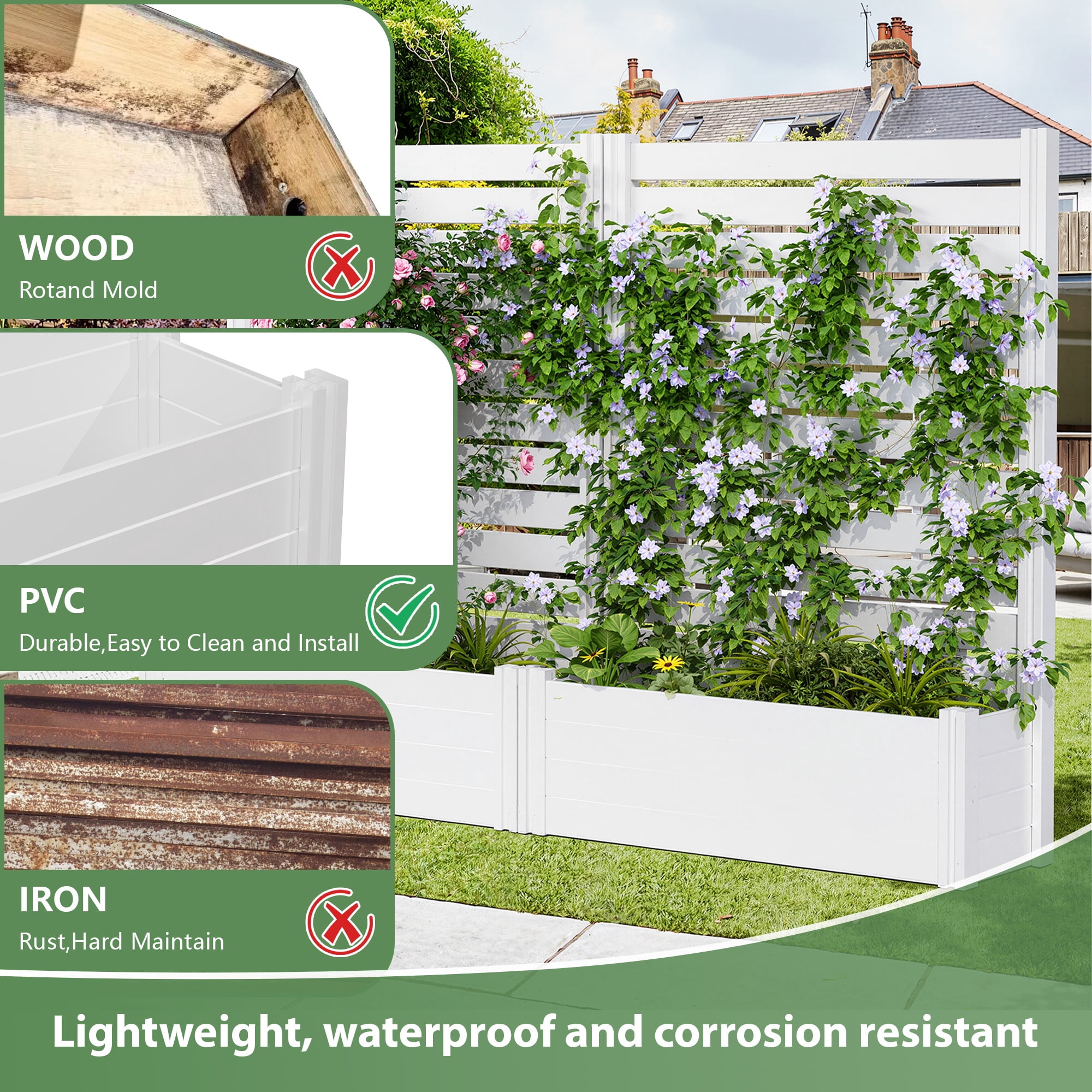 MAYEERTY Outdoor White PVC Rectangular Planter Box with Trellis for Climbing Plants, Raised Garden Bed