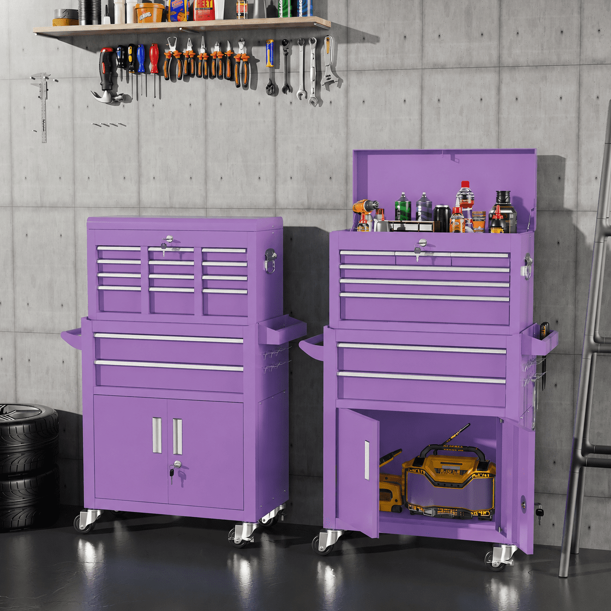 2-IN-1 Rolling Tool Chest, Stainless Steel Tool Organizer Box Hidden Set, Tool Storage On Wheels W/ 8 Sliding Drawers for Workshop Garage Studio Hair-Salon, Purple