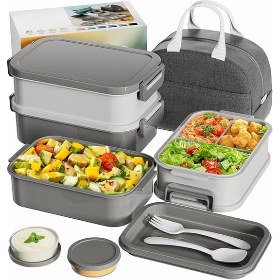 MY Adults Bento Box with Insulated Lunch Bag, 74oz Capacity 3 Stackable Leak-Proof Bento Box Built-In Utensil and Sauce, PFAS & BPA-Free, Microwave & Dishwasher Safe (Dusk Gray)