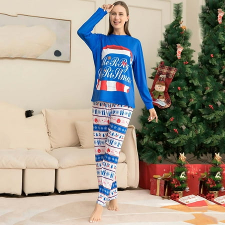 

Chiccall Christmas Pajamas for Family Blue Letter Printed Christmas Pajamas Set Loungewear Sleepwear Christmas Gifts Holiday PJs Set for Women/Men/Kids/Couples on Clearance