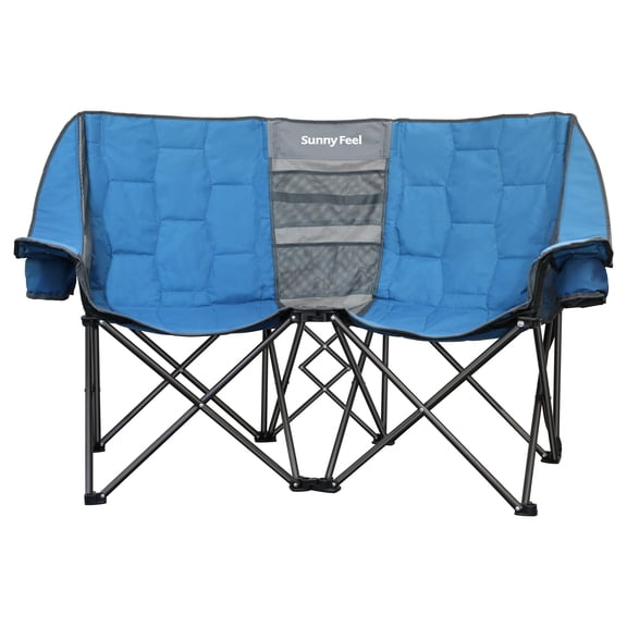 Sunnyfeel Heavy Duty Double Camping Chair Folding Loveseat with Mesh Storage, Comfortable for 2 Person, Blue