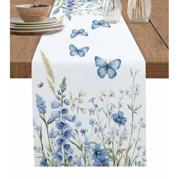 Ldtrchee Blue Spring Floral Table Runner 72 Inches, Butterfly Summer Botanical Elegant Bed Runner Dresser Scarves Tabletop for Indoor Outdoor Parties/Ceremony/Banquet, 18" x 72"