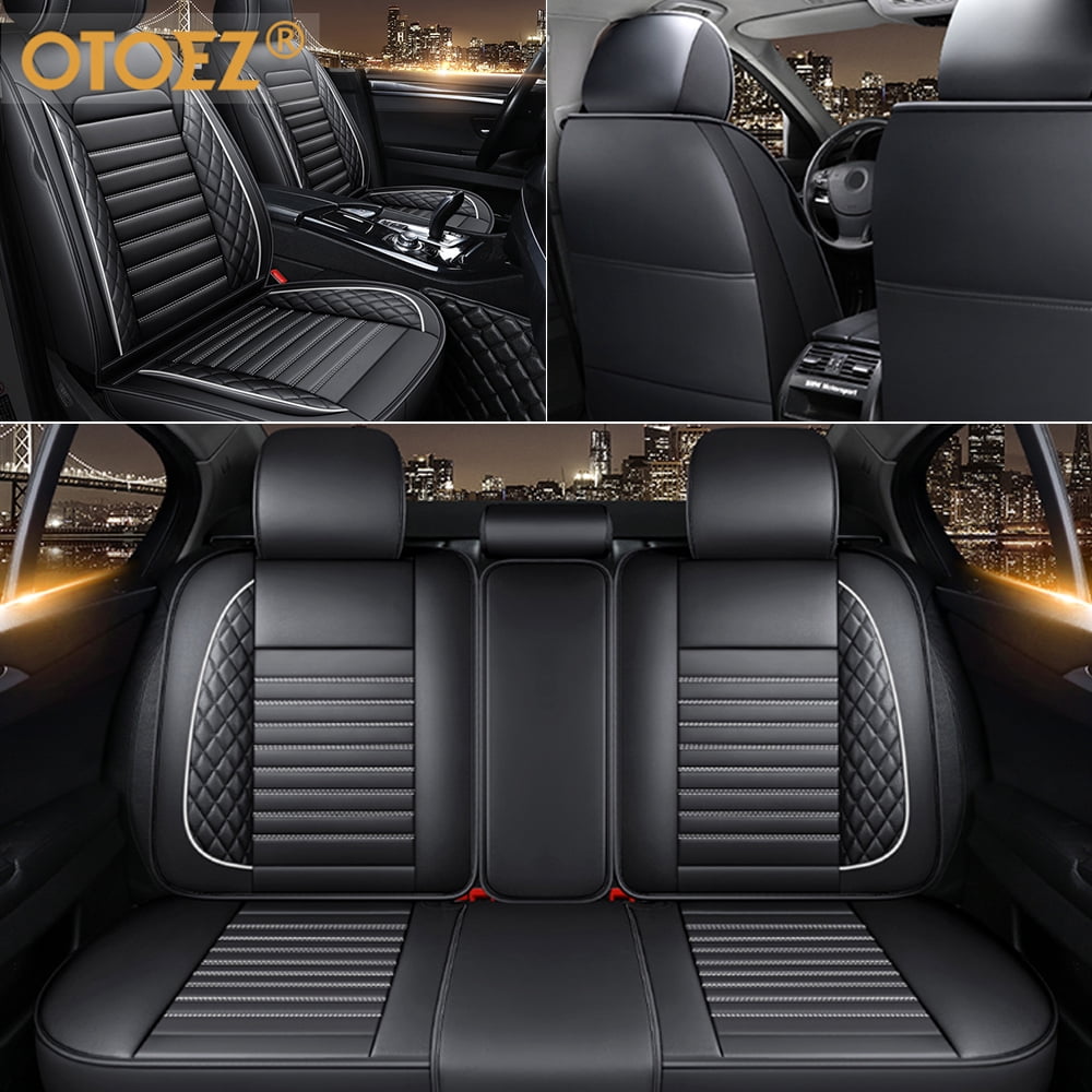 OTOEZ Fashion Full Set Car Seat Cover Waterproof Leather Universal Fit SUV Truck, Black/White