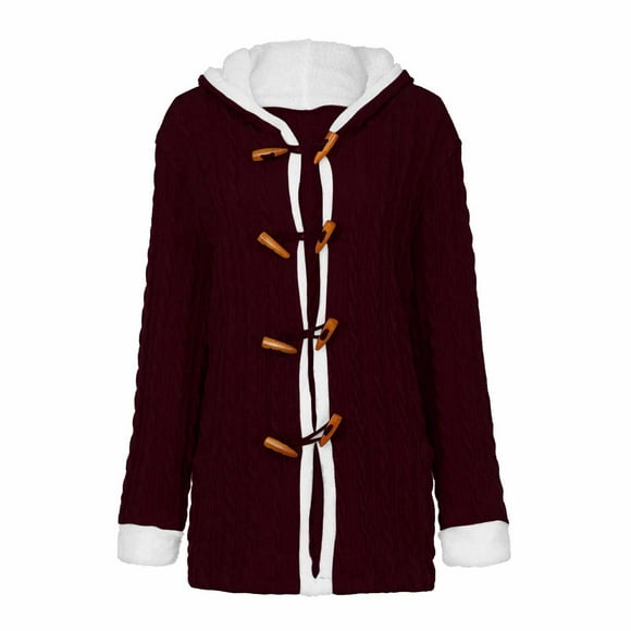 Drppepioner Women Casual Knit Button Long Sleeve Cashmere Warm Hooded Cardigan Coat