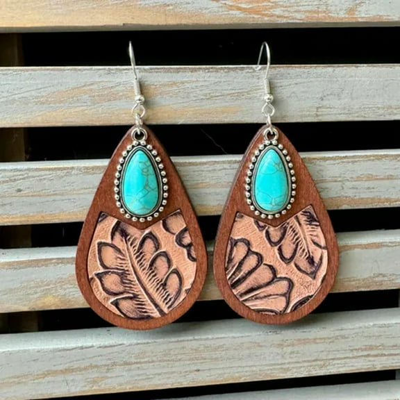 Retro Vintgae Genuine Leather and Turquoise Stone Teardrop Wood Western Earrings