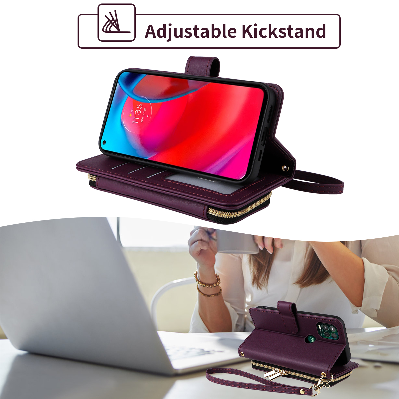 Furiet Argyle Wallet Case for Moto G Stylus 5G 2021 with Wrist/Shoulder Strap Zipper Purse, Luxury PU Leather Card Holder Slots Stand Phone Cover for Motorola GStylus G5 XT2131DL Women Deep Purple