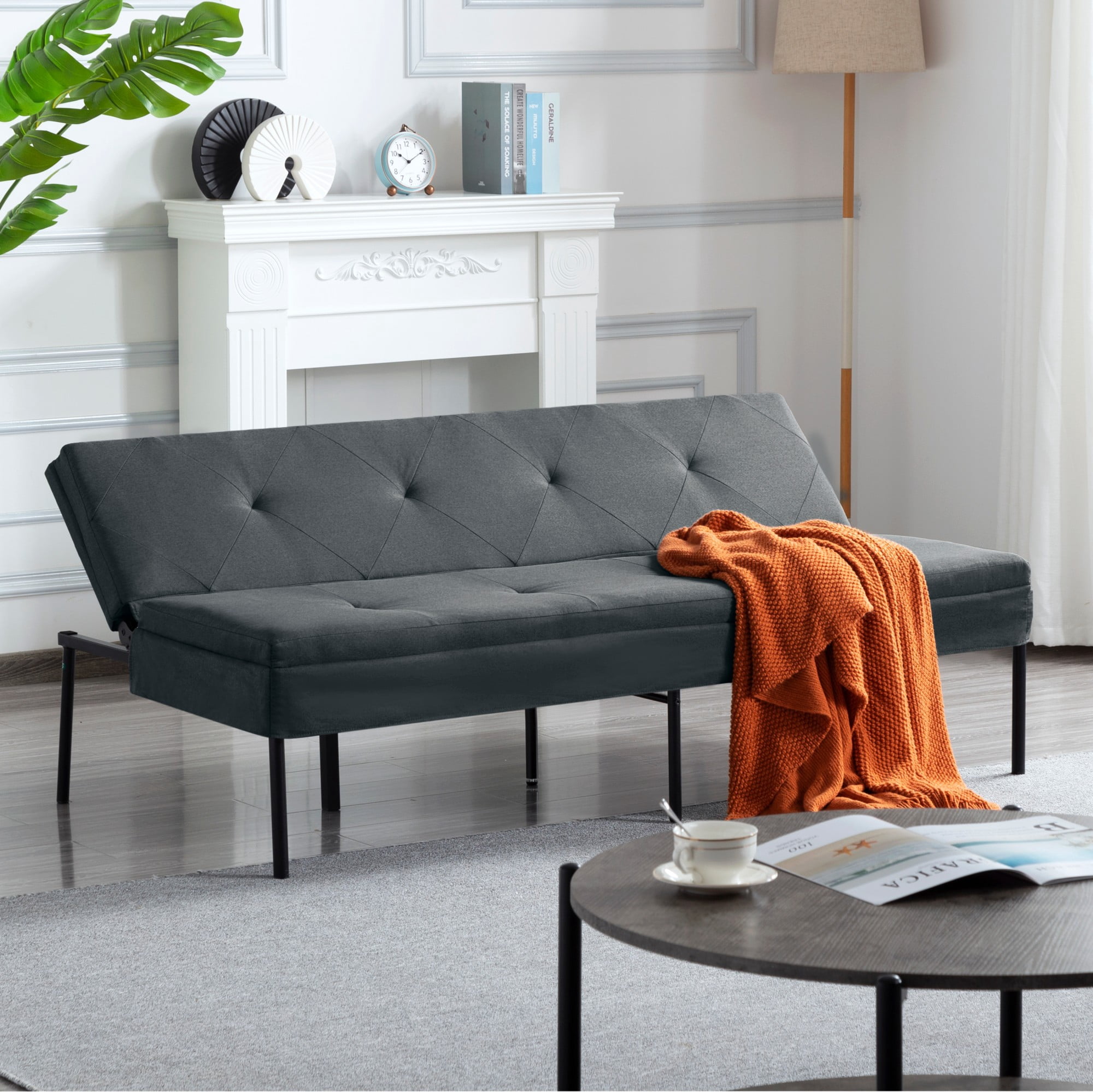 DEALTOPS 63" Convertible Futon Sofa Bed, Modern Polyester Loveseat with 5-Level Reclining Backrest, Gray