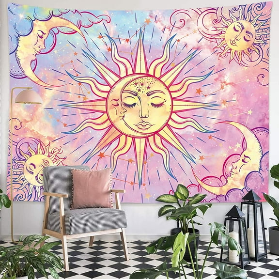 Gojian Pastel Pink Burning Sun Tapestry - Mystic Celestial Sun and Moon with Stars - Psychedelic Hippy Tie Dye Wall Hanging for Party Home Decor