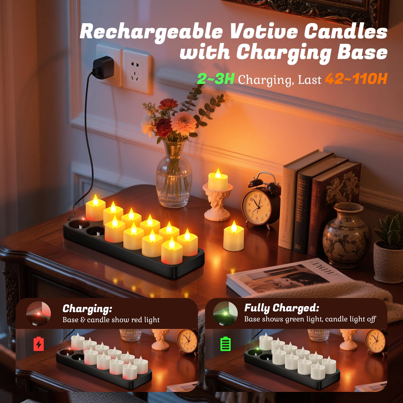 PChero Rechargeable Candles with Remote Timer ,12pcs Flameless Candles LED Votive Candles with Charging Base, Battery Tea Lights Flickering Electric Fake Small Candles for Table Wedding Home Decor