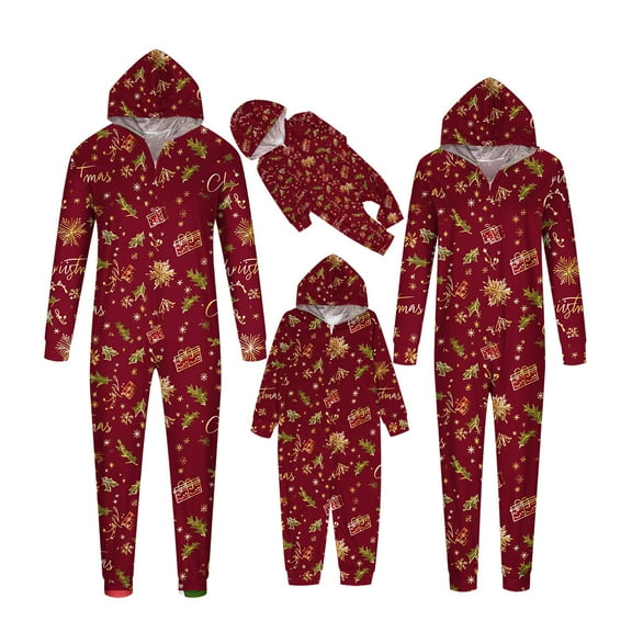 Odeerbi Christmas Onesie Pajamas for Family Holiday Hooded Sleep Jumpsuit Long Sleeve Family Christmas Pajamas Matching Sets Dad Print Jumpsuit Sleepwear Xmas PJs Set Orange