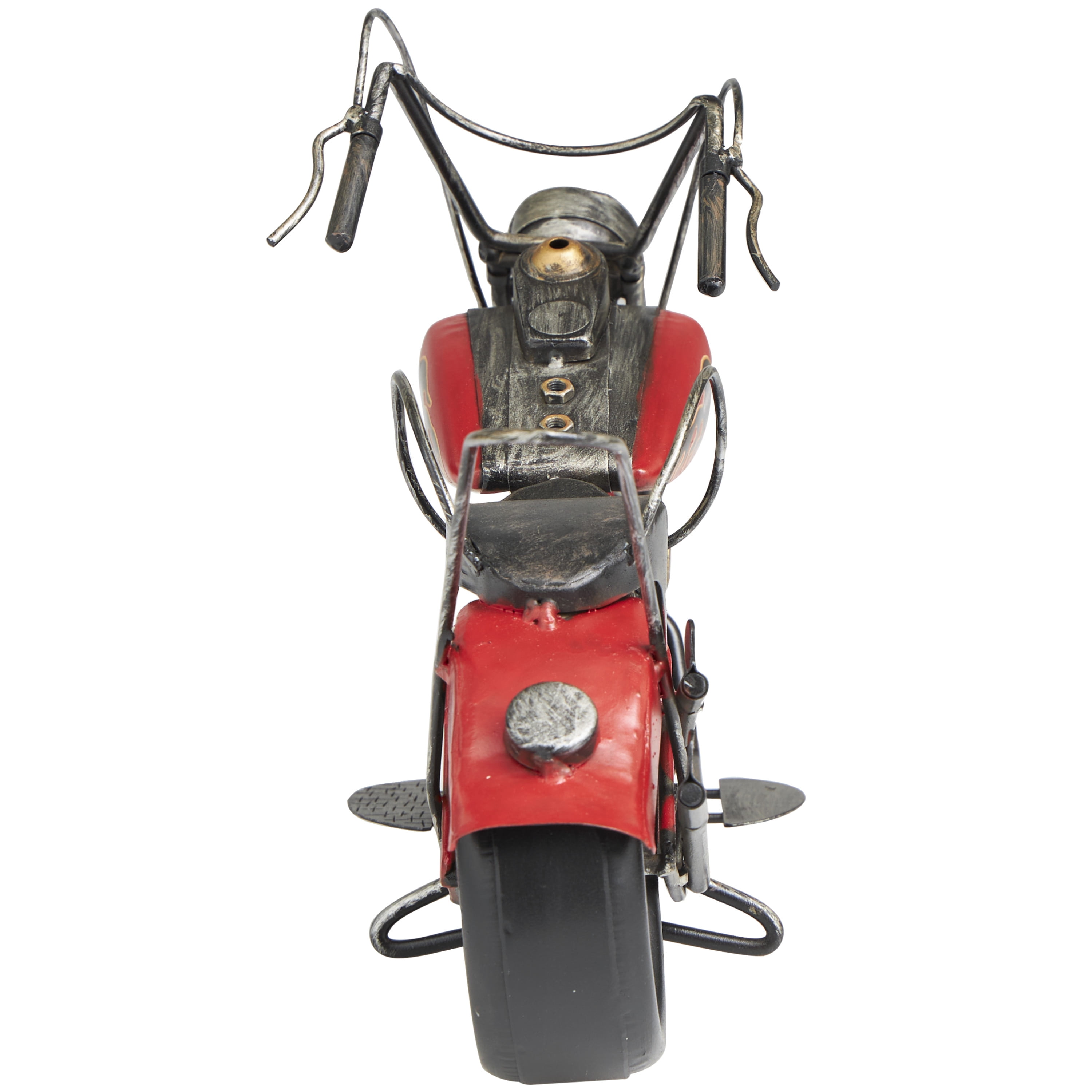 18" x 9" Red Metal Handmade Vintage Style Motorcycle Sculpture with Flames on the Gas Tank, by DecMode