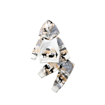 

2Pcs Baby Boy Girl Clothes Set Newborn Infant Christmas Outfit Animal Deer Long Sleeve Hoodie Sweatshirt Tops Pants