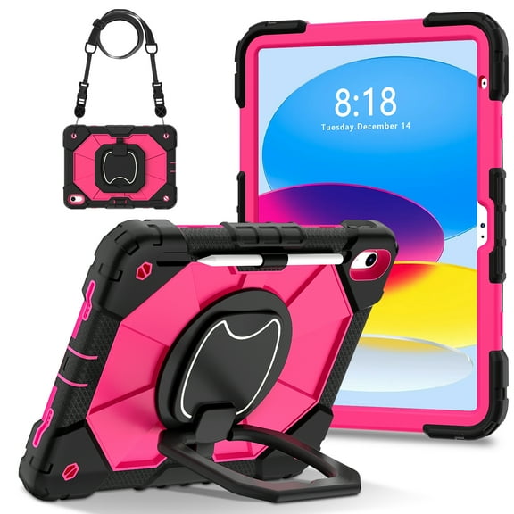 ELEHOLD Heavy Duty Case for  Apple iPad 11th(A16) 2025, 3-Layer Rugged 360 Rotating Kickstand Handle Grip Detachable Shoulder Strap Kids Friendly Shockproof Case for Apple iPad 11th, Black Rose