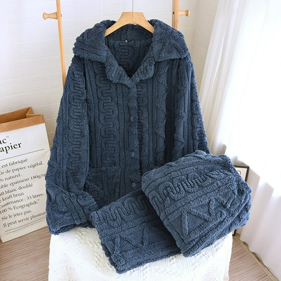 XUNKUSGA Men's Pajamas Warm Soft Fluffy Thickened Loungewear Sets Casual Solid Color Solid Color Long Sleeved Lapel Loose Home Set Pajamas Cozy Loungewear Pjs Set for Men M-XL Blue