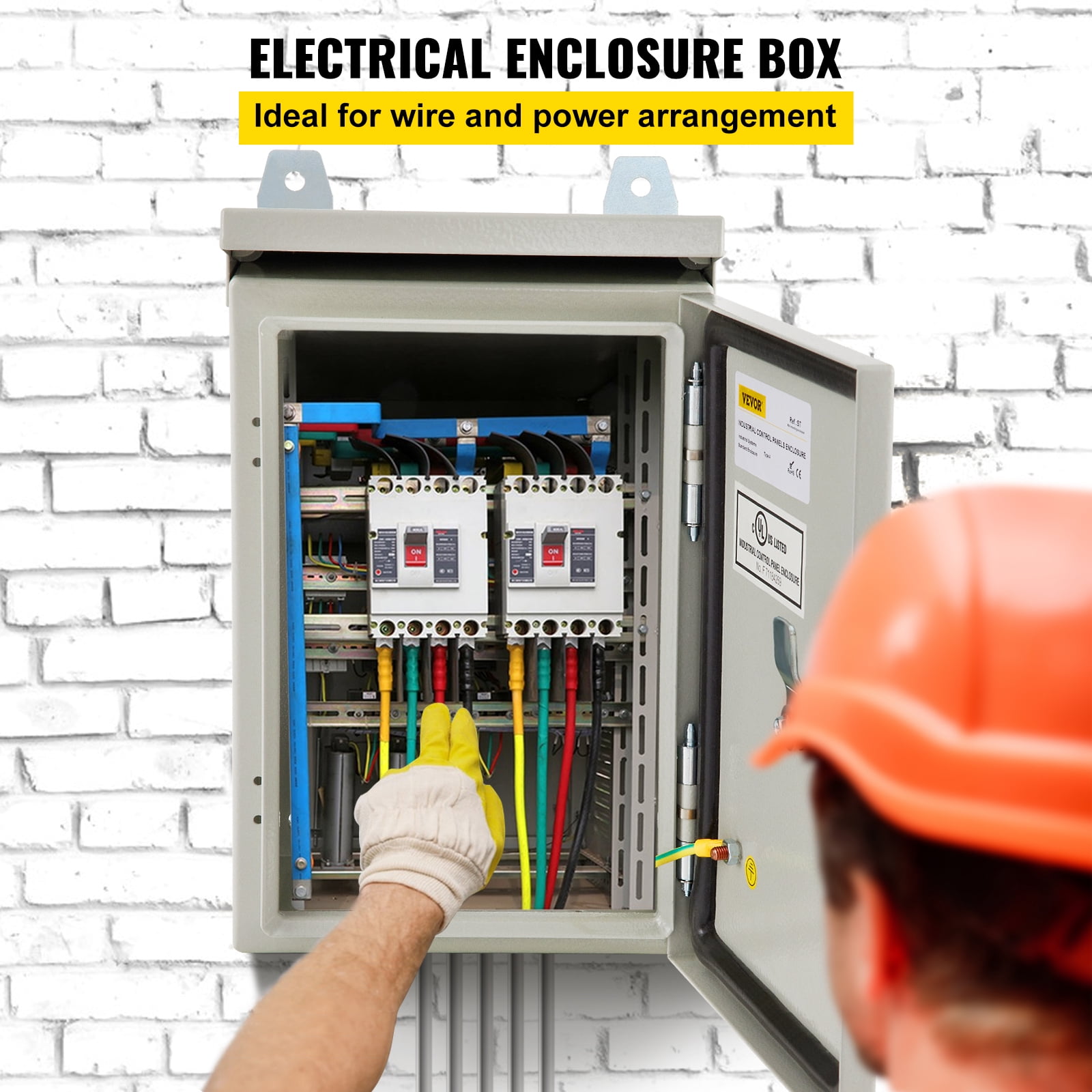 VEVOR Electrical Enclosure, 12'' x 8'' x 8'', UL Certified NEMA 4 Outdoor Enclosure, IP65 Waterproof & Dustproof Cold-Rolled Carbon Steel Hinged Junction Box for Outdoor Indoor Use, with Rain Hood