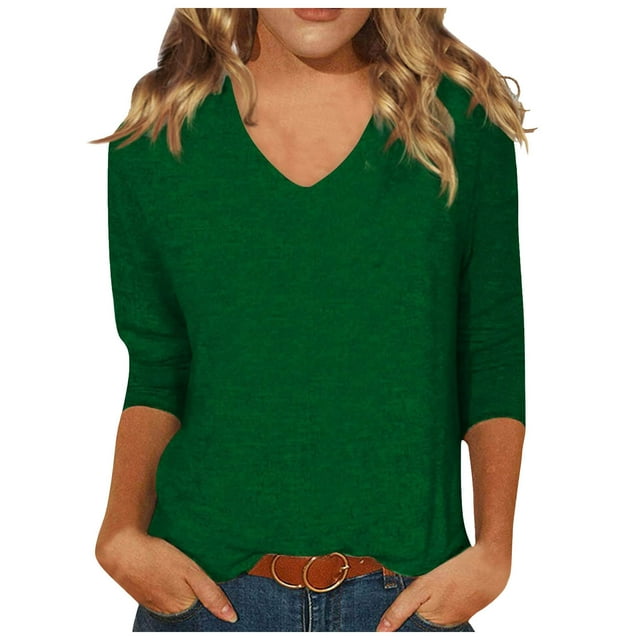 Spring Tops for Women V Neck Solid Color Casual Summer Basic Top Long Sleeve Basic Shirts for Women Army Green S