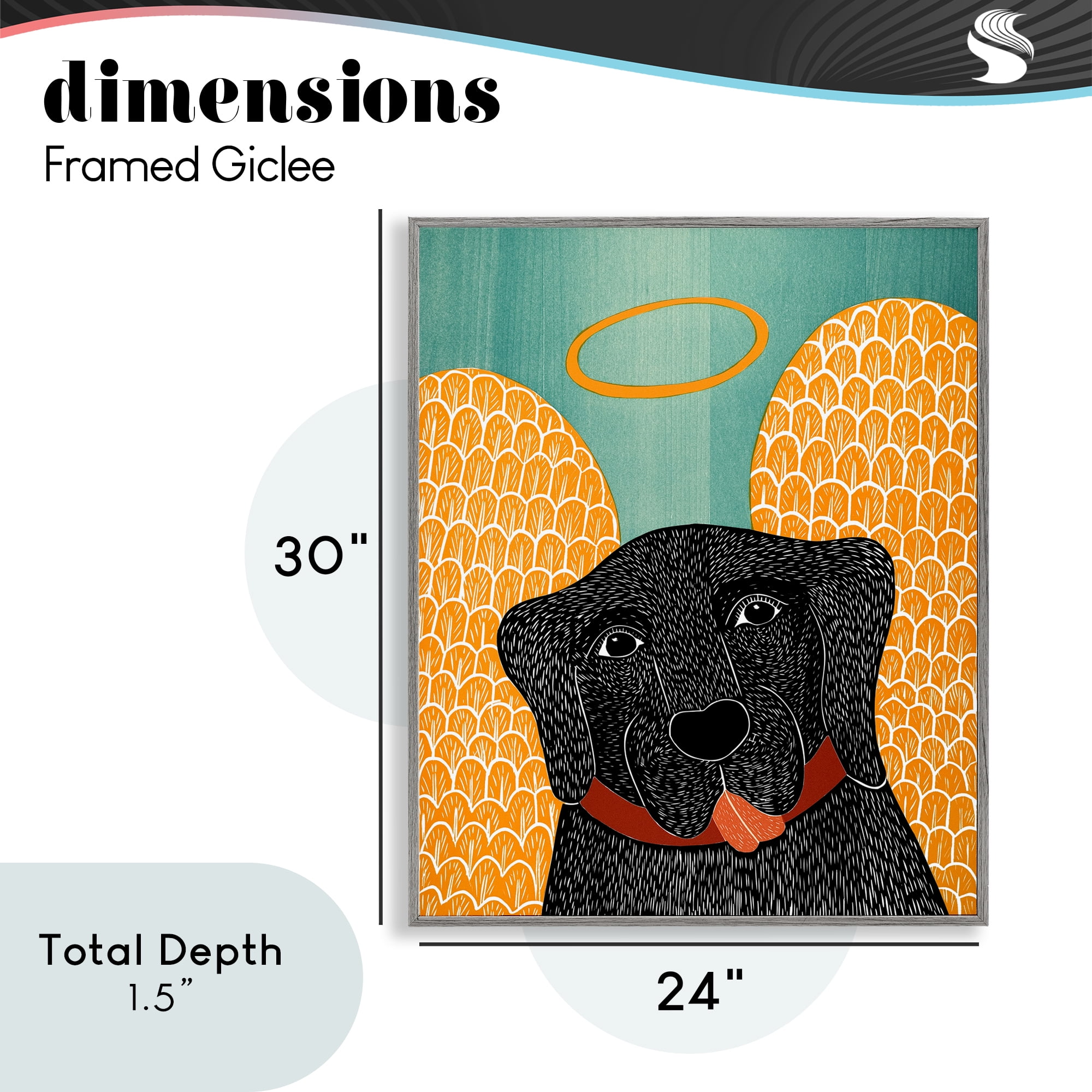 Dog Angel with Yellow Wings Gray Framed Giclee Art, design by Stephen Huneck