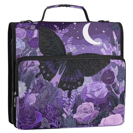 3 Ring Zipper Binder Stationery Organizer for Study Work Home Travel All-Purpose File Folder Storage Bag for Daily Document Organization Witchy Crescent Moon Butterfly Print