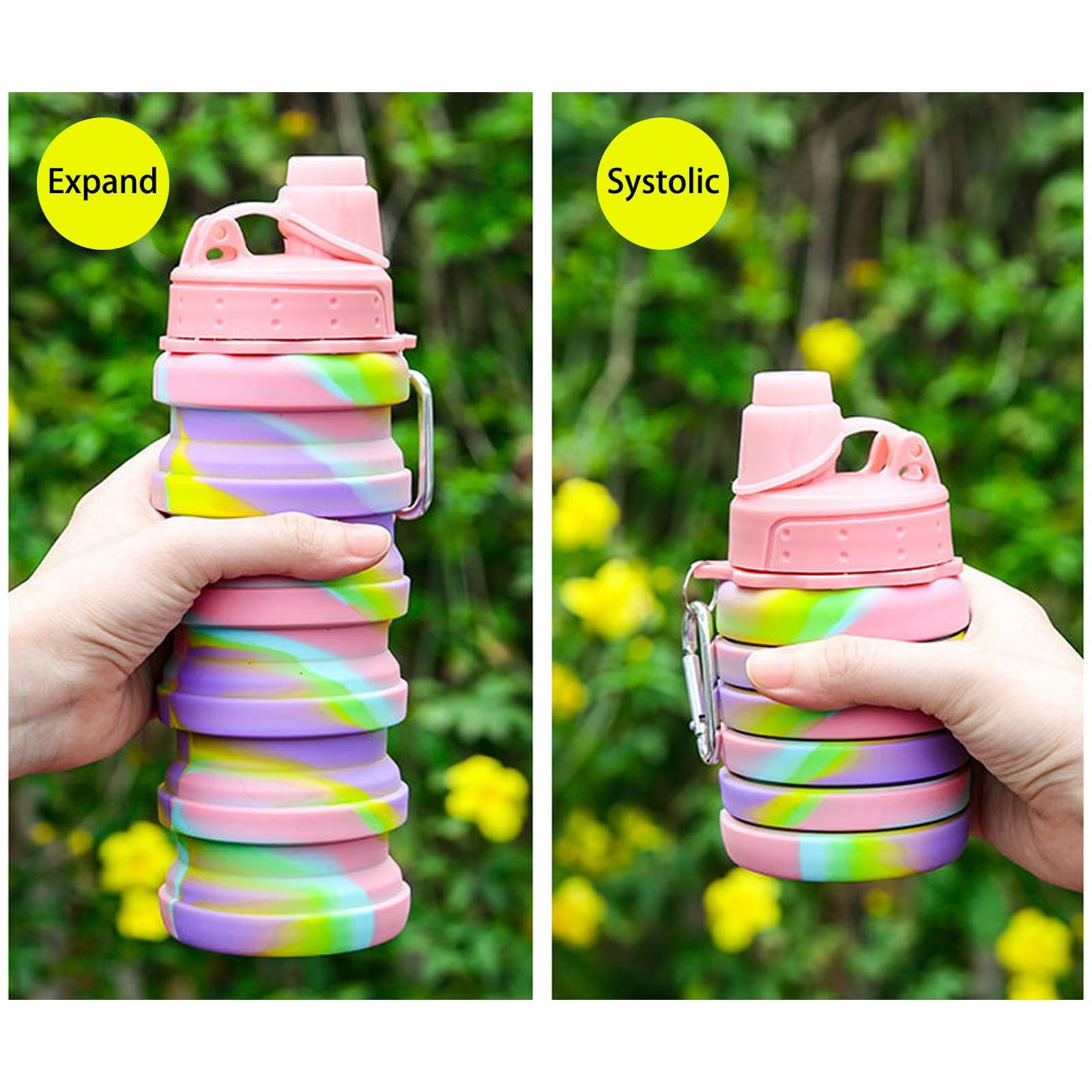 Collapsible Water Bottles Two Pack Travel Sports Portable Sport Water Bottle comes with mountaineering Buckle 500ml silicone Water-proof camping water bottle (Purple and Grey Color)
