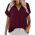 thumbnail image 6 of VERUGU Women's Casual Short Sleeve V-Neck Tunic Top Raglan Sleeve Lapel Shirts Summer Solid Classic Loose Comfy Blouse for Leggings Wine S, 6 of 7