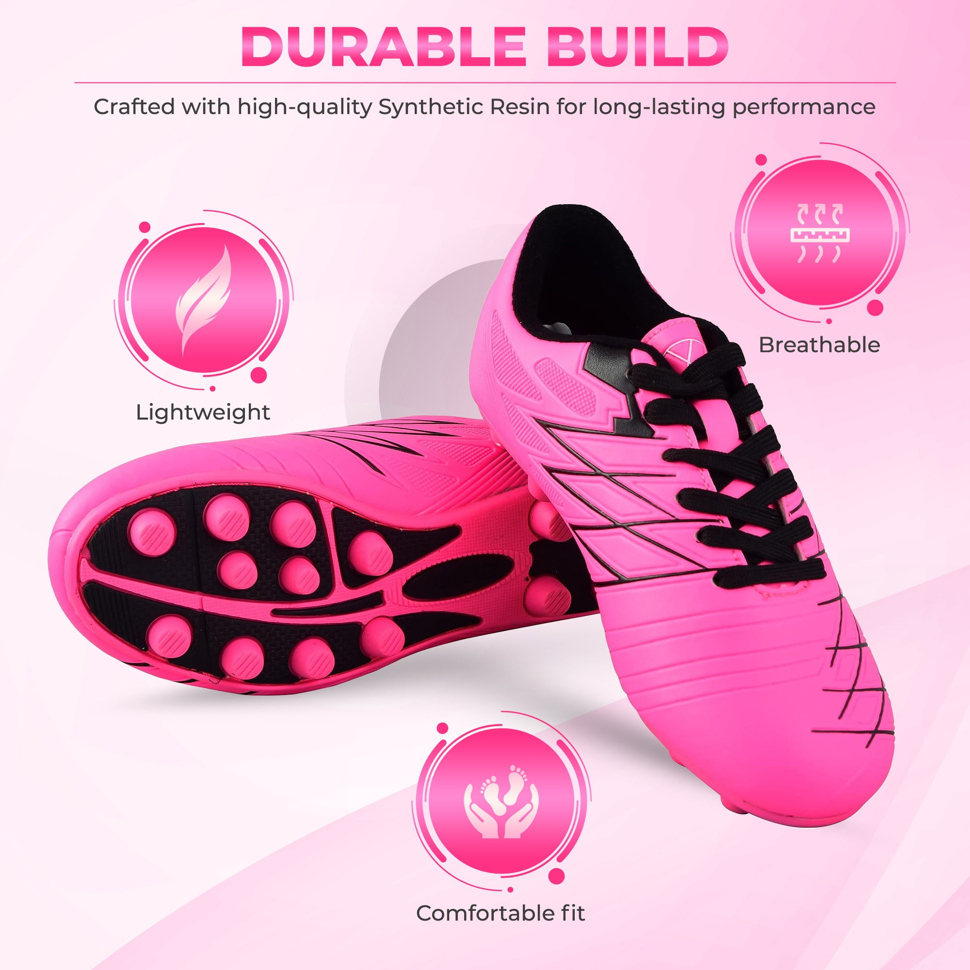 Vizari Boca Firm Ground Soccer Cleats for Kids & Youth – Lightweight, Durable, Comfortable Shoes with Traction & Padded Heel - Pink/Black, 3.5