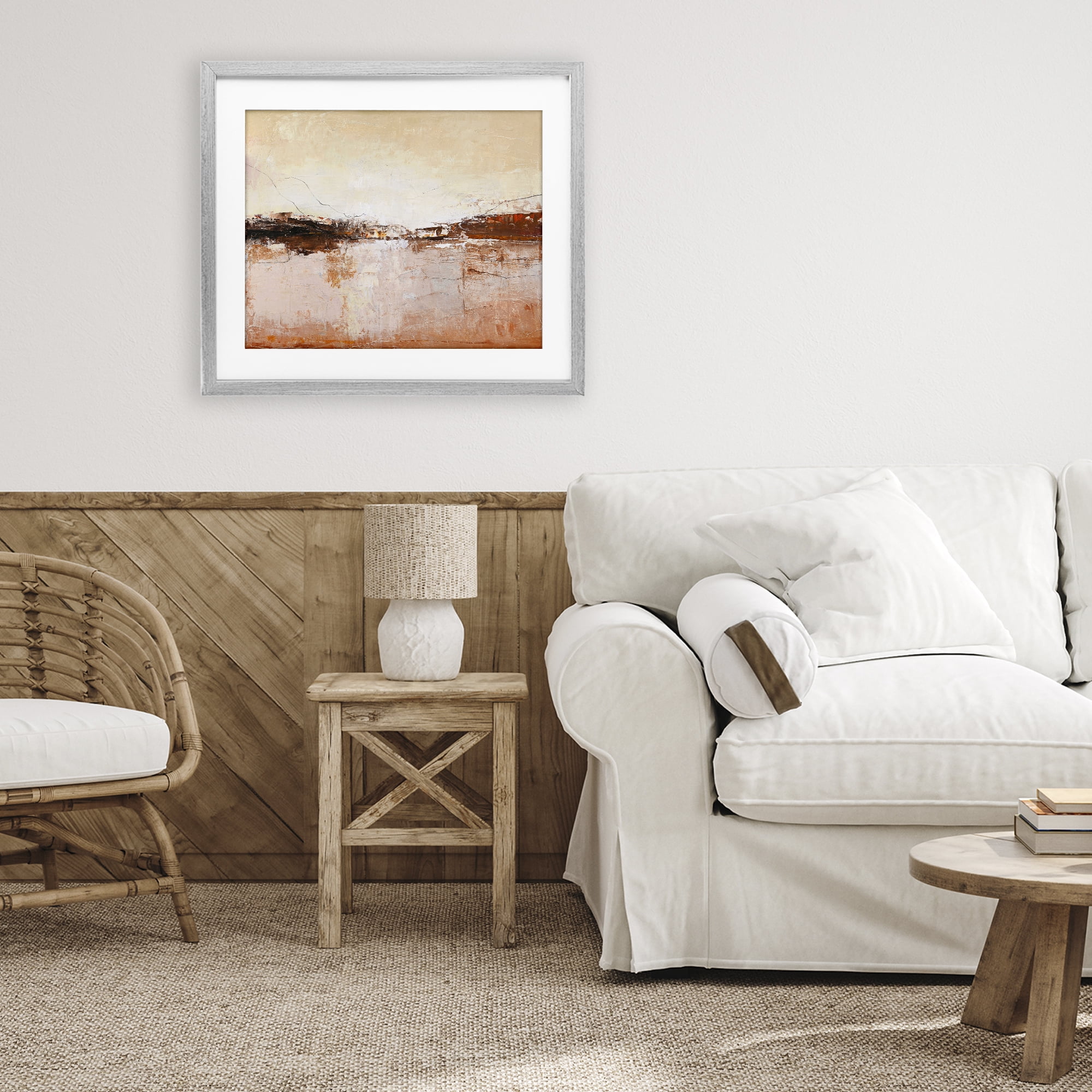 Warm Distressed Horizon Gray Framed Print Under Glass, design by Design Fabrikken