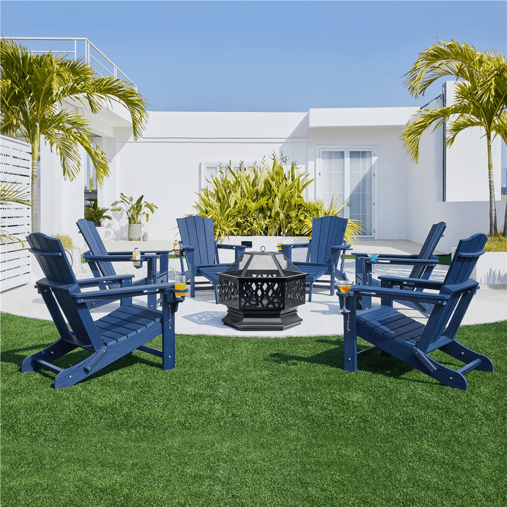 Renwick Outdoor HDPE Adirondack Chair with Retractable Ottoman, Navy Blue