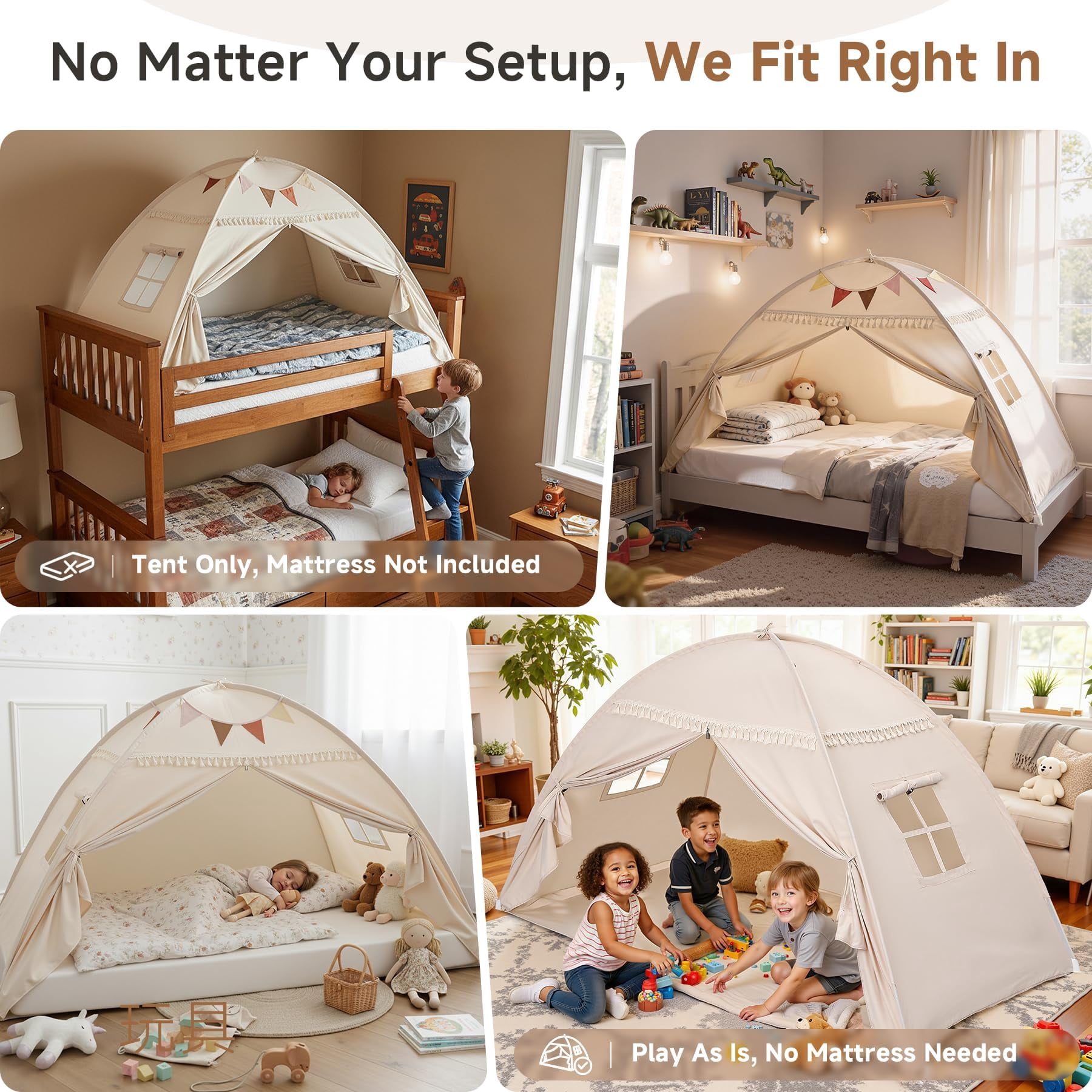 Bed Tent Canopy: Lights & Flags Indoor Play -bed Teepee Tents - Girls&boys Playhouse Space Sleeping Gifts (twin Golden Beige)