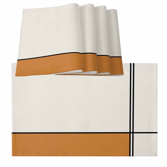 Orange, Placemats for Dinning Table Set of 6, Modern Abstract Geometric Patchwork Stripes Art Burlap Kitchen Place Mats Waterproof Cloth Table Mats, Indoor Outdoor Placemats Easy Clean Dinner Decor