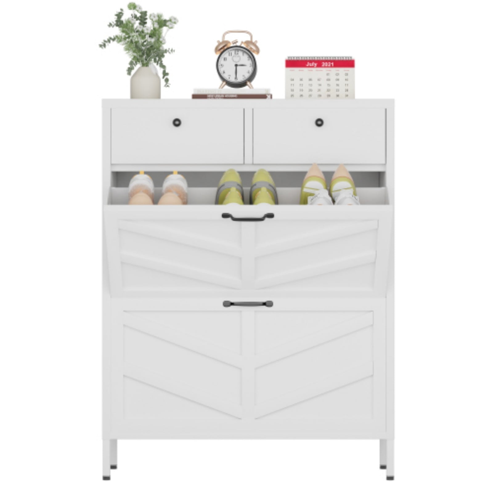 Metal Shoe Cabinet with 2 Flip Drawers & 2 Upper Drawers, Slim Entryway Storage Cabinet with Anti-Tip Device, Freestanding Hallway Shoe Organizer for Small Space, White