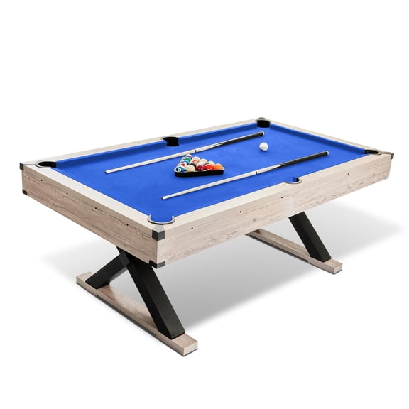 7 ft Billiard Table Set with 2 Cues, Balls, Chalk, Brush & Triangle Rack, Industrial X-Leg Design Pool Table for Home Game Room Office