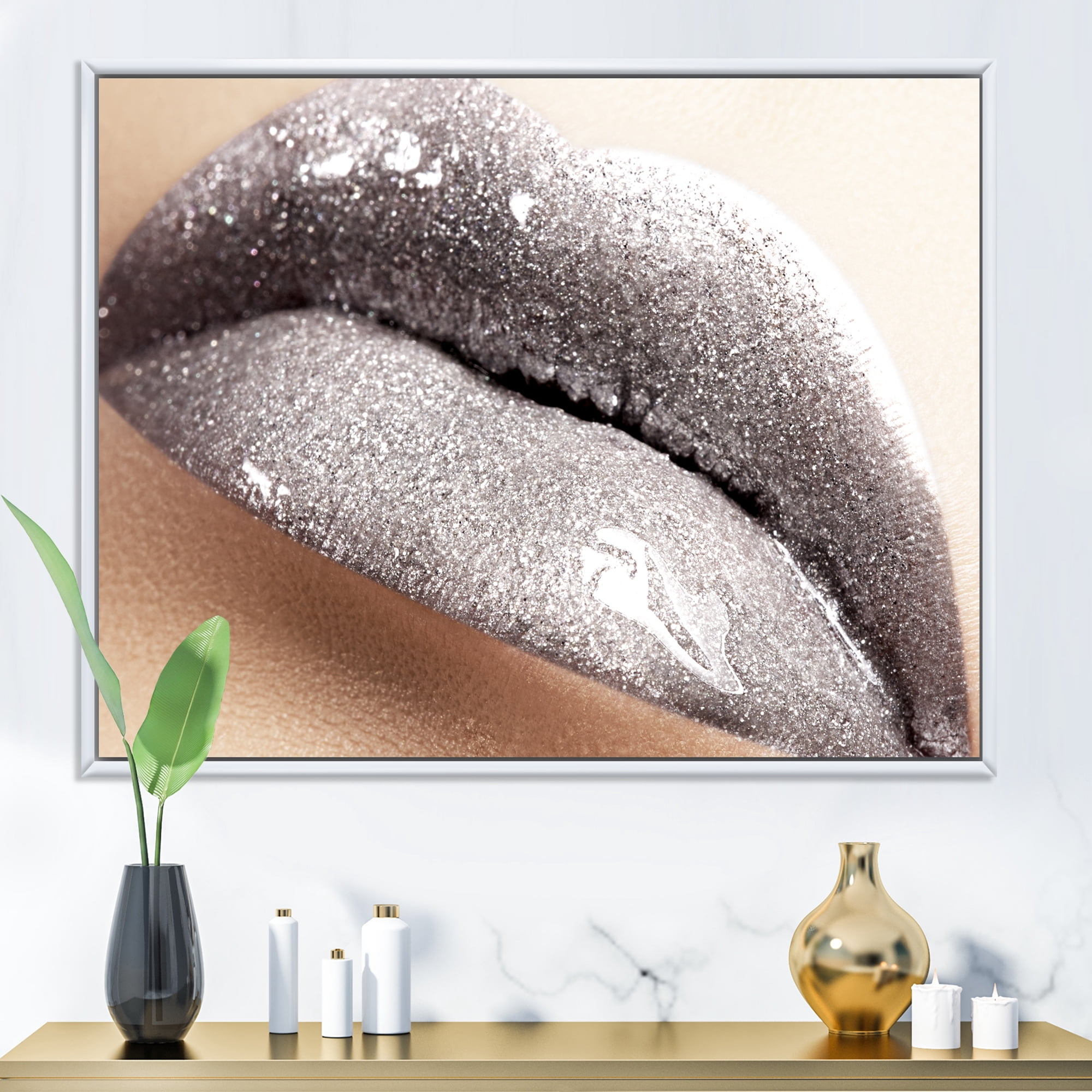 Close Up of Female Lips With Glittering Silver 32 in x 16 in Framed Painting Canvas Art Print, by Designart