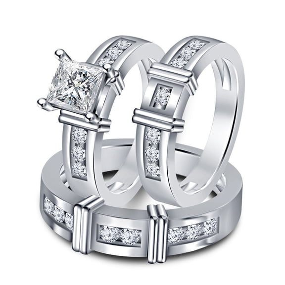 Silver & Stone Jewels His Her Mens and Woman CZ Wedding Ring Band Trio Bridal Set Silver 925
