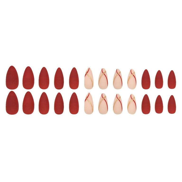 24pcs per Box Medium - long Almond Nails - Autumn and Winter Burgundy False Nails with Gold Foil - colored Stripes, Wearable Nail Art