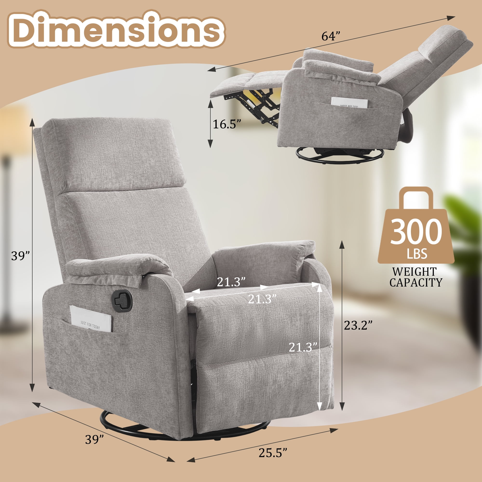 Korser Swivel Rocker Recliner Chair for Small Spaces Chenille for Living Room,Grey