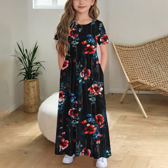 Fatuov Loose Fit Kids Dress Floral Print Bohemian Long Dress with Pocket Crew Neck Summer Dress for Casual Size 6-7 Years