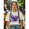 thumbnail image 4 of Women's T-Shirt Vintage Dreamy Purple Butterfly Wings Rose Short Sleeve Casual Tee Classic Crew Neck T Shirt for Women White, M, 4 of 7